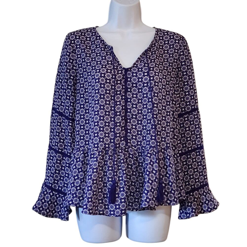 Dina Be Womens Pullover Blouse Size S Purple Geo Long Bell Sleeve V-Neck Top
